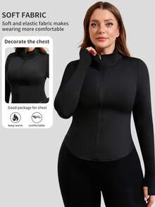 1pc Plus Size Fleece Zip-Up Long Sleeve Jacket, Solid Color Slim Fit U-Hem Design, Versatile For Casual, Cycling, Outdoor, Yoga Wear - Black - View 7