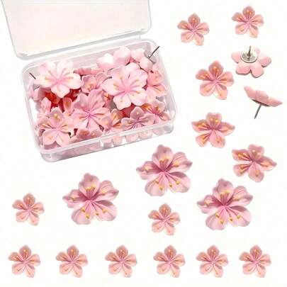 1 caja de 10 piezas/20 piezas/30 piezas de chinchetas con flores rosas decorativas - Chinchetas con flores de dibujos animados para tableros de corcho, fotos, mapas de pared y útiles escolares