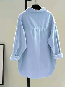 Women's Fashion Polyester Turndown Collar Long Sleeve Drop Shoulder Corduroy Casual Shirt, Asymmetric Hem With Button Detail Spring - Baby Blue - View 2