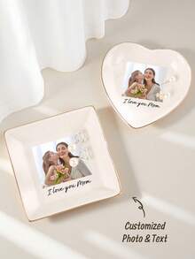 1pc Personalized Heart-Shaped/Square Ceramic Jewelry Tray, Customized Birthday Flowers/Names/Photos/Texts, Exquisite Ceramic Jewelry Storage Tray, Personalized Bridesmaid Gifts, Bride Jewelry Storage, Mother's Day Personalized Gifts, Perfect Commemorative, Birthday, Christmas, Anniversary, Wedding, Mother's Day Gifts For Lovers, Mothers, Grandmothers, Girlfriends - White - View 5