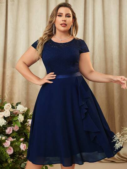 Plus Elegant V-Neck Floral Lace Scallop Neck Contrast Chiffon Ruffle Trim Hem Prom Party Swing Dress, Wedding Guest Dress, For Birthday, Tea Party, Dinner