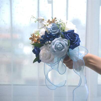 Wedding Flowers Bouquets Mesh Bow Tassels Artificial Silk Floral For Bridal Bridesmaid