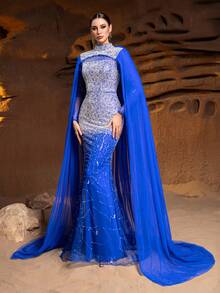 Faeriesty Váy dạ hội cổ giả đính hạt sang trọng với hạt pha lê xếp tầng và áo choàng vải tuyn mỏng manh cho vẻ quyến rũ, dạ hội thảm đỏ và tiệc cao cấp - Xanh đậm - Xem 7