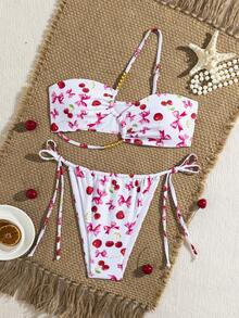 Quần bikini hở lưng in họa tiết quả anh đào và áo có chi tiết khoét sâu Đồ bơi thường ngày co giãn cao dành cho nữ - Đỏ trên nền trắng - Xem 4