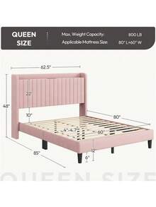 Queen Size Upholstered Velvet Bed Frame With Charging Outlets & USB Ports, Pink
