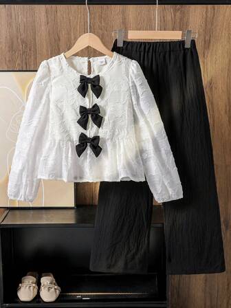 Left Mama 女童优雅简约白色长袖蝴蝶结上衣和直筒裤套装，春秋