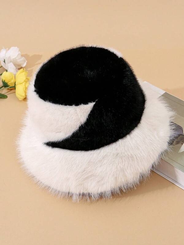 1pc Autumn/Winter Fashion New Faux Fur Soft Outdoor Warm Men Bucket Hat, Color Block Patchwork Knit Fleece