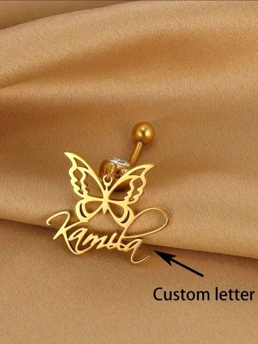 Customize 1 Piece Of Women's Butterfly Belly Button Nail, Sexy Personalized Letter Butterfly Belly Button Jewelry, Bohemian Beach Vacation Belly Button Ring Accessories Gift - Multicolor - View 1