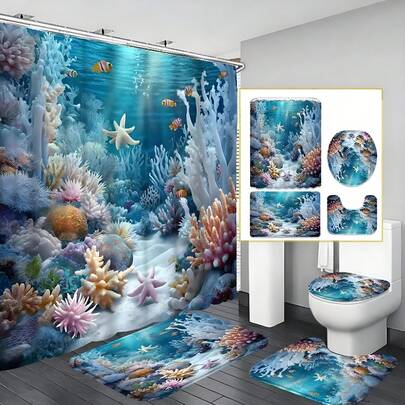 1/4 Piezas Conjunto de baño con estampado de coral y estrella de mar, con cortina de ducha de estilo océano azul, incluye cortina impermeable, alfombra, tapa de inodoro, alfombra de baño y 12 ganchos de plástico, accesorios de baño perfectos para decoración navideña