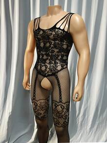1 件性感内衣男士连体袜透视罩杯镂空连体袜不含内衣情人节泳装和服装 - 黑色 - 查看 1