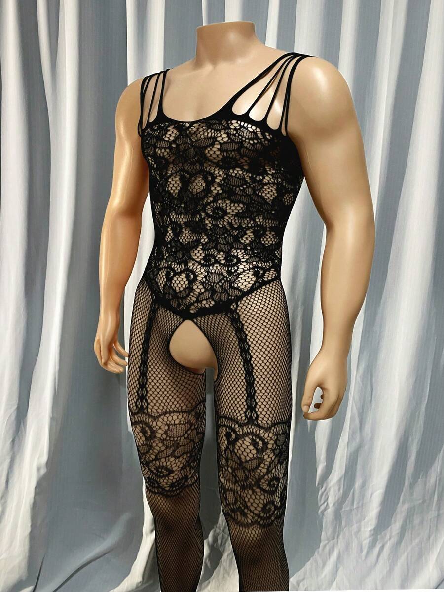1 件性感内衣男士连体袜透视罩杯镂空连体袜不含内衣情人节泳装和服装 - 黑色 - 查看 1