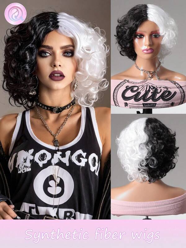 Costumes d'Halloween Perruque synthétique de 12 pouces de longueur, bouclée et courte, en couleurs noir et blanc, pour femmes. Aspect naturel, idéale pour usage quotidien, fête, cosplay. Perruque de haute qualité, confortable et résistante à la chaleur, élégante pour les fêtes et les occasions essentielles