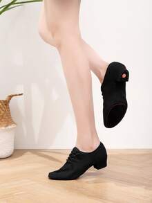 3cm Low Heel Black Jazz Dance Shoes, Lace-Up Canvas Indoor Sports Shoes, Latin Dance Shoes For Salsa, Modern Dance, Dance Practice, Performance, Dance Hall, Comfortable, Soft, Lightweight, Breathable - Black - View 1