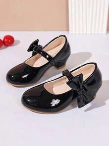 1 Pair Pure Black Girls' Heel Shoes With Side Bow Decor On Ankle, Suitable For Party And Daily Wear, Little Girl Piano Performance Student Dress Shoes - Black - View 16