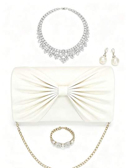 仿皮休闲晚宴手拿包，魅力派对钱包，优雅精致的蝴蝶结设计手提包，适合女孩约会、女士、新娘派对等场合。