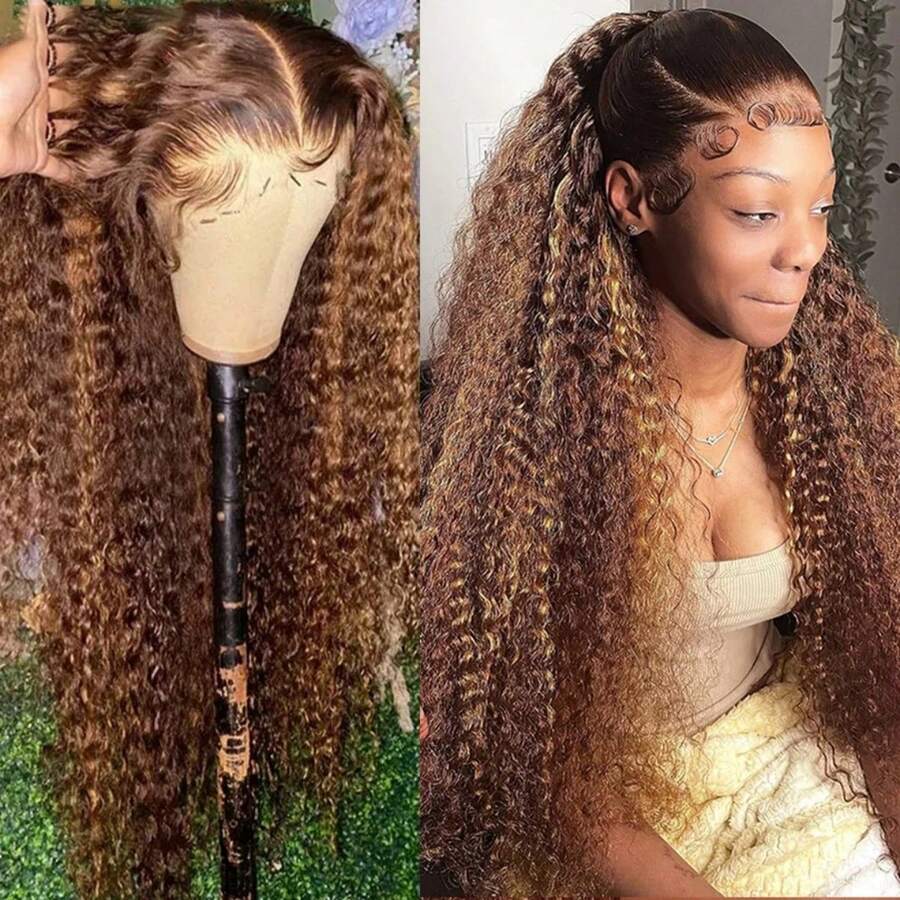 NARNI Honey Blonde Wig Human Hair 13x6 HD Transparent Deep Wave Lace Front Wigs Human Hair P4/27 Highlight Curly Human Hair Wig Wet And Wavy Ombre Colored Glueless Human Hair Wig 250 Density Pre Plucked Lace Frontal Wigs For Women - S4/27 - 查看 1