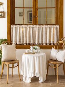 1 pièce Panneau de rideau à carreaux beige, rideau de style japonais pour café avec garniture à franges, rideau de cuisine à passant pour tringle, décoration de fenêtre pour salon et chambre à coucher, rideau de recouvrement d'armoire, décoration d'intérieur