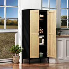 Tall Kitchen Pantry Storage Cabinet, Freestanding Storage Cabinet With 2 Rattan Doors And Adjustable Shelves Autonomous Sideboard  Accent Cabinet For Home Decor,Kitchen, Dining Room, Bathroom - Black07 - View 1