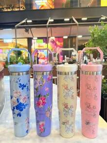 Copo Térmico Floral Genérico 900ml Inox Quente Frio - Azul bebê - Visão 4