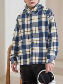 CHAMARRA DE  CUADROS NIÑO , CON GORRO , MANGA LARGA CON PUÑO , TELA GRUESA Y SUAVE  BOTONES AL FRENTE - Azul y blanco - Ver 8