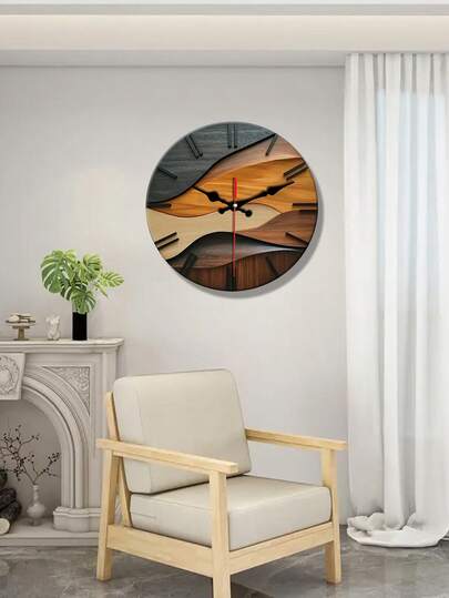 1pc10/12 Inch Artistic Creative Round Wooden Wand Clock, Faux Wood Grain Nordic Corrugated Silent Non Ticking High Quality Movement, Living Room Bedroom Home Artwork, Holiday Birthday Present (Batteries Not Included) view 2