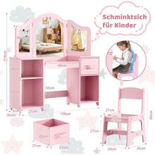 Kids Vanity Table And Chair Set, 2-In-1 Girls Vanity Set With Removable Mirror & Stool, Princess Toddle Makeup Table With Storage Box, Wooden Desk For Kids - Pink - View 7