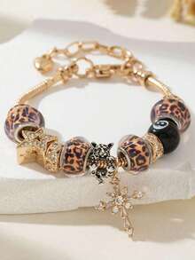 1pc Floral, Cross, Angel, Golden Leopard Print, 8mm Bead, Adjustable Bracelet, Suitable For Christmas, Valentine's Day, Gift For Friends