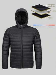 1pc Men's Lightweight Hooded Padded Coat, Solid Color Padded Coat, Casual Commuter, Outdoor Sports, Classic Versatile - màu đen - Xem 4