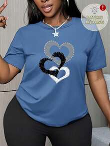 Playera para mujer estilo casual Y2K corazones estampados en dorado, plateado y negro azul algodón corte holgado cuello redondo manga corta primavera verano playera  diaria - Azul - Ver 1