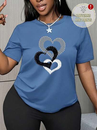 Playera para mujer estilo casual Y2K corazones estampados en dorado, plateado y negro azul algodón corte holgado cuello redondo manga corta primavera verano playera  diaria