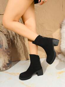 厚底粗跟时尚百搭女靴，复古后拉链踝靴，适合派对、办公、度假、户外活动、春秋季穿着。 - 黑色 - 查看 5