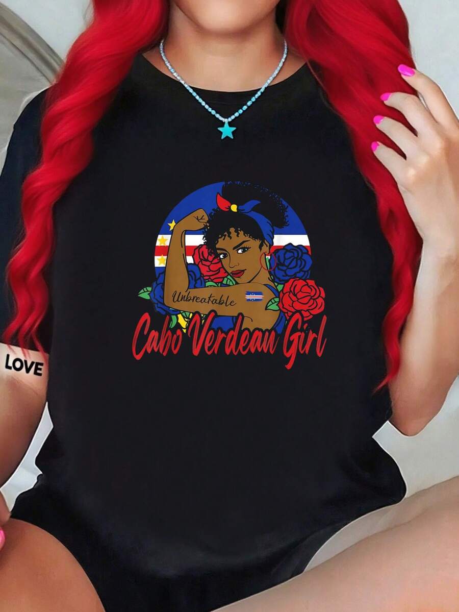 Cabo Verdean Girl Cabo Verde Woman Cabo Verdeans-Shirt Round Neck Art Fashion Women And Men Black-Shirt - 黑色 - 查看 1