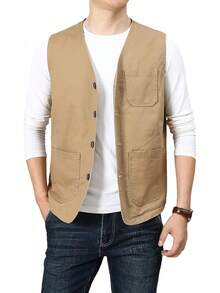 Men's Casual Outdoor Cotton Vest Lightweight Breathable Multi-Pocket Fishing Travel Vests OutwearChristmas IQWV - 03-綠色 - 查看 3