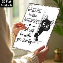 2D flache vintage schwarz-weiße Katzen Wandkunst - "Willkommen im Badezimmer" Lustiges Metallschild - Retro Katzen Design Badezimmer Dekoration - aus Metall gefertigte Metallplakette 32,5 cm
