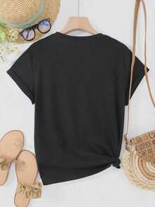 Summer Short Sleeve Round Neck Graphic Print-Shirt Graphic-Shirts Women Loose And Comfortable Tops - 黑色 - 查看 2