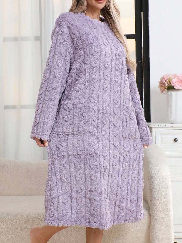 1 Stück Damen Einfarbiges Langarm Knielang Fleece Nachthemd, Dicke Flanell Nachtwäsche für Herbst/Winter, kann auch draußen getragen werden