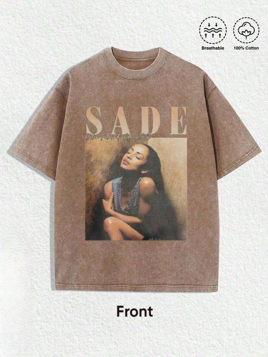 1PCS Summer Tops, Y2K Swag Tee, Vintage Sade Graphic T-Shirt - Bohemian Retro Music Band Tee With Black & Golden Print, Spring/Summer/Fall Men Clothes, Regular Fit Shirt, Christmas & Halloween & Thanksgiving Day & Valentine's Day & Pride & Father's Day & Easter & Mother's Day & New Year & Spring Festival, Men's Round Neck Printed Short Sleeve Casual Everyday T-Shirt, They Are Excellent Gifts For Friends And Family, 100% Cotton T-Shirts Feature, A Youthful And Fashionable Design, Graphic Tees Men, Graphic Tees Women, Cachorro Feliz, Back To School - 咖啡棕 - 查看 1