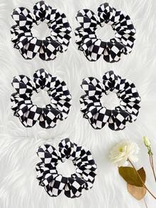 5pcs Modern Checkered Black And White Hair Bands And Scrunchies, Casual Checkered Fabric Hair Accessories ,Ponytail Holders ,Hair Elastics ,Hair Rubber Bands ,Hair Rope ,Elastic Hair Tie