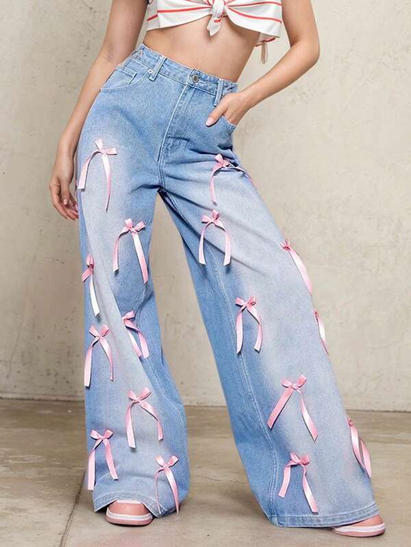 Retro Bowknot High Waist Wide Leg Jeans, Loose Distressed Denim Pants For Women