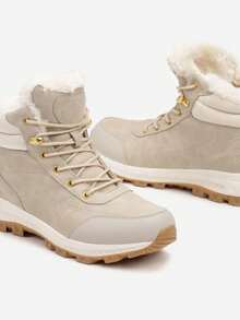 Botas de inverno femininas confortáveis com forro de pele sintética e cadarço, casuais, esportivas/ativas - Bege - Ver 6