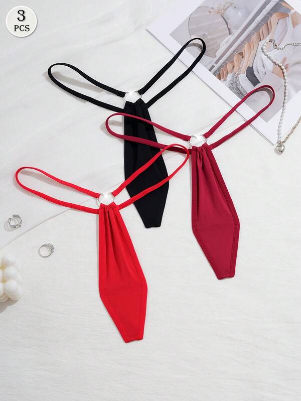 3pcs Women's Heart Shaped Buckle Breathable Soft Comfortable Sexy Thong Panties