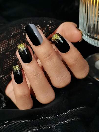 24pcs Medium Length Square Press On Nails, Black & Gray Ombre Glitter Gradient Glamorous Style Nail Set, Includes Jelly Gel And Nail File, Black Nails