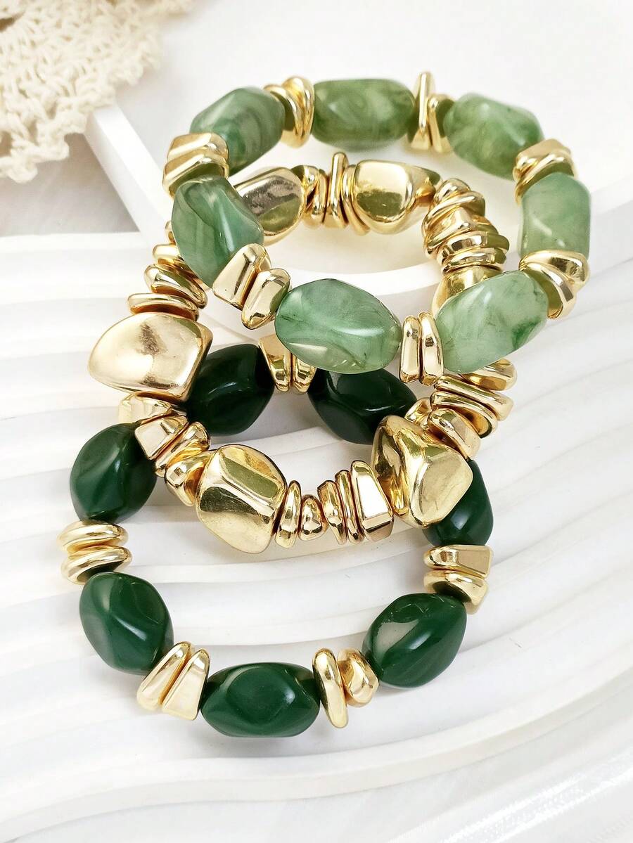 3pcs/Set Gelang Manik-Manik Akrilik Tebal Berlapis-lapis Gaya Retro Bohemian untuk Wanita