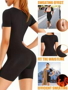 1pc Women's Sauna Jumpsuit Short Sleeve, Full Body Sweat Suit, Zipper Design Fitness Shapewear, Sweat Intensely All Over, High Elasticity Shaping, Fitness Body Shaper, Gym Full Body Sweating Tool, Zipper Design Easy On/Off, Maximum Body Shaping Efficiency