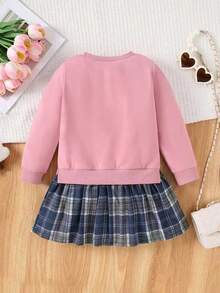 1 件女童休闲“我的猫”字母、蝴蝶结和猫图案柔软针织长袖运动衫格子连衣裙，秋冬 - 藕粉色 - 查看 2