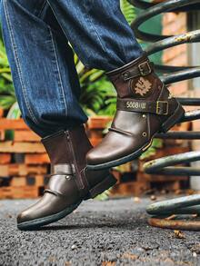 Stivali con cerniera laterale, stivali da moto retrò con decorazioni metalliche in colore abbinato