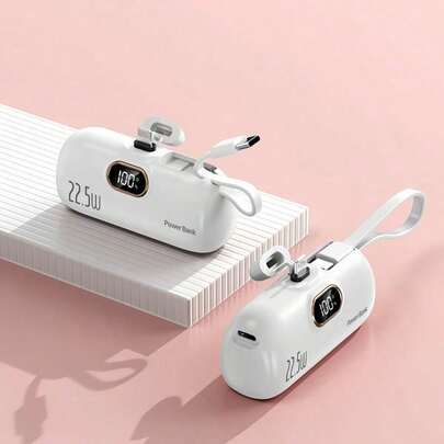 5000mAh Mini Portable Charger With Built-In Cable, Compact Power Bank With LCD Display And LED Lights, Compatible With IPhone/ Android, Emergency Power Supply, Pocket Lipstick Size Power Bank