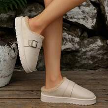 1 Paar hellfarbige Kunstvelours Stiefel mit Metallschnalle, flauschiger Borte und dicker Sohle für Damen, warm und modisch für Herbst/Winter Alltagsmode