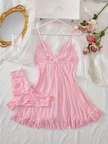 Kawaii, Sexy Women's Lace, Mesh And Solid Body, Slit Erotic Tempting Lingerie Nightdress, Available In Plus Sizes, Multiple Colors, Unleash Your Charms For A Night, Perfect Sleepwear For New Year And Valentine's Day - 粉色 - 查看 4