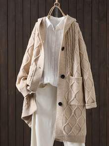 1 pieza Suéter de mujer de talla grande con cierre de botones en el frente, de punto de unicolor y textura de rombos, adecuado para la oficina, vacaciones, otoño/invierno - Blanco - Ver 1